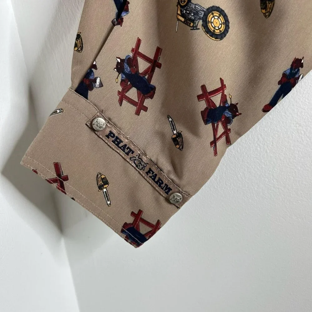 Vintage Phat Farm Shirt Mens XL Tan All Over Print Workwear Tools Streetwear 90s - Picture 4 of 11